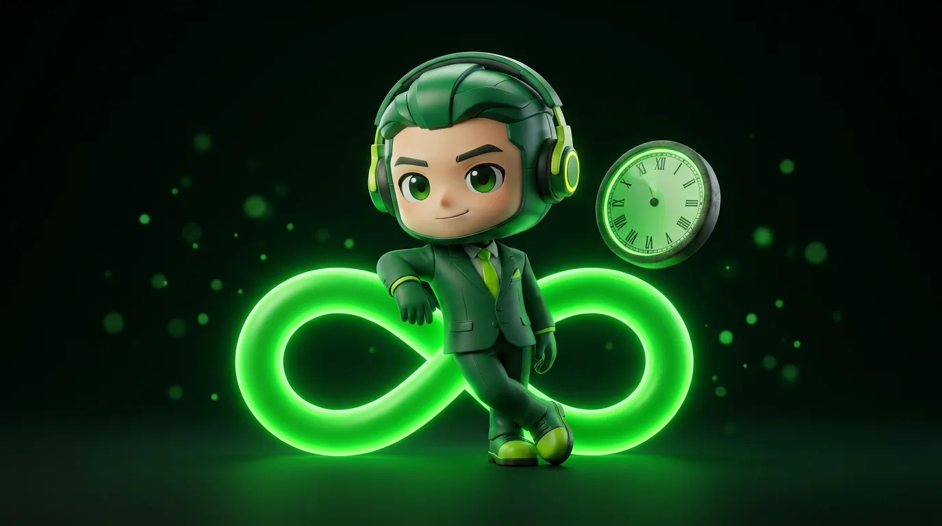 Fewpips mascot relaxed beside an infinity symbol and a clock