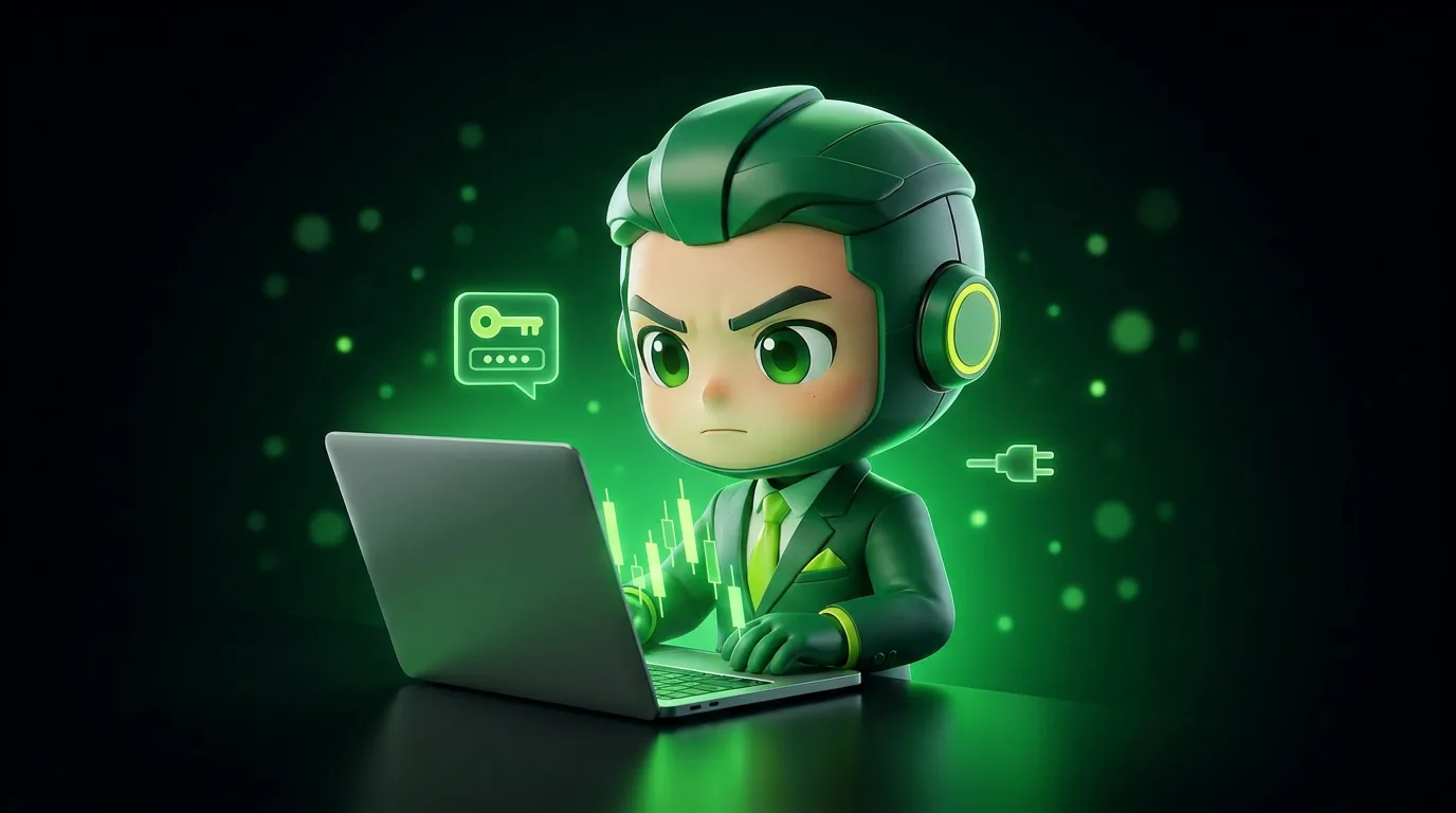 Fewpips mascot at a laptop showing trading charts with a login key