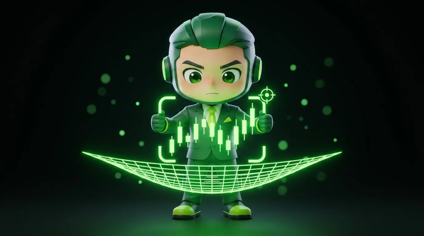 Fewpips mascot placing a protective bracket around a candlestick chart