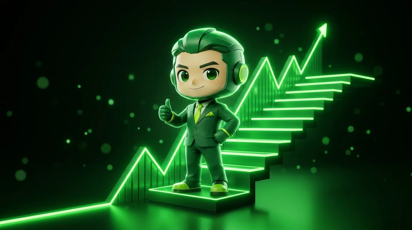 Fewpips mascot standing on rising steps beside a climbing chart