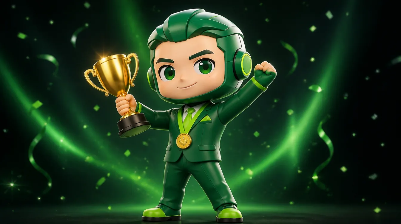 Fewpips mascot celebrating a funded payout with a trophy